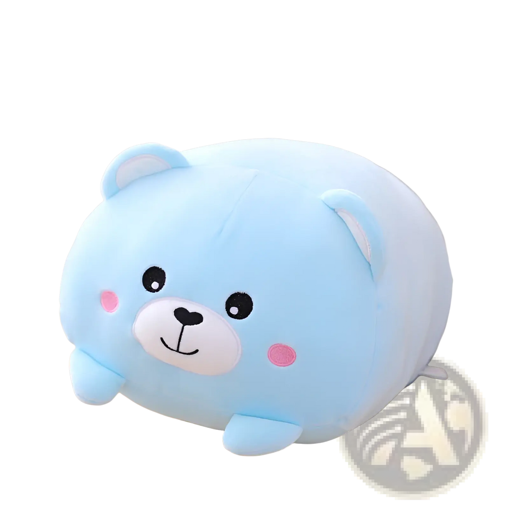 Light blue plush animal pillow with pink cheeks white snout soft fabric material perfect for kids cartoon doll
