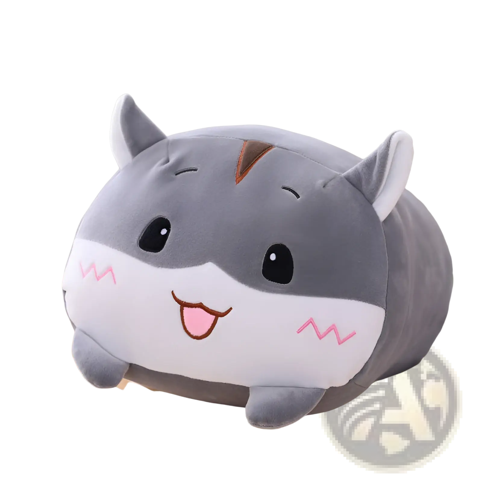 Cute gray and white plush animal pillow with embroidered eyes and smiling face soft cartoon doll for kids