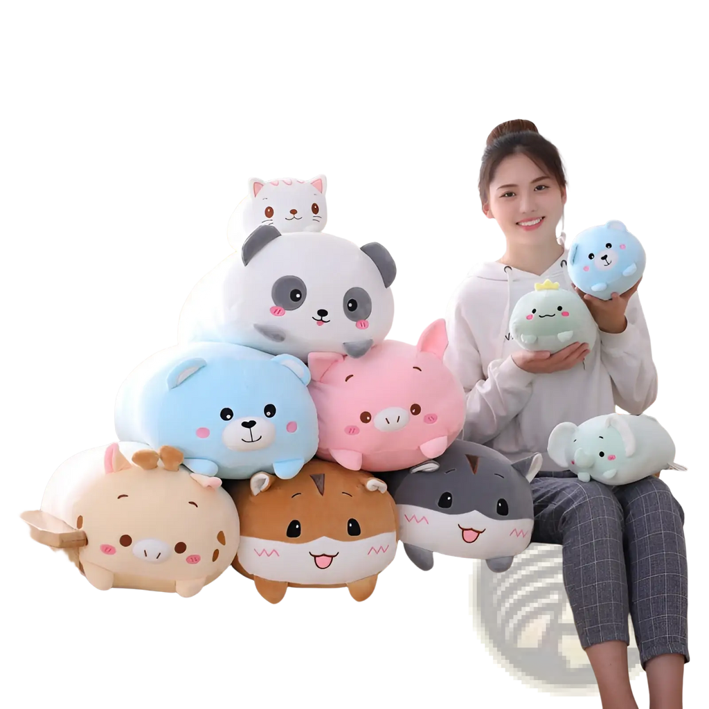 A collection of plush animal pillows in soft pastel colors featuring cute cartoon faces and rosy cheeks for kids