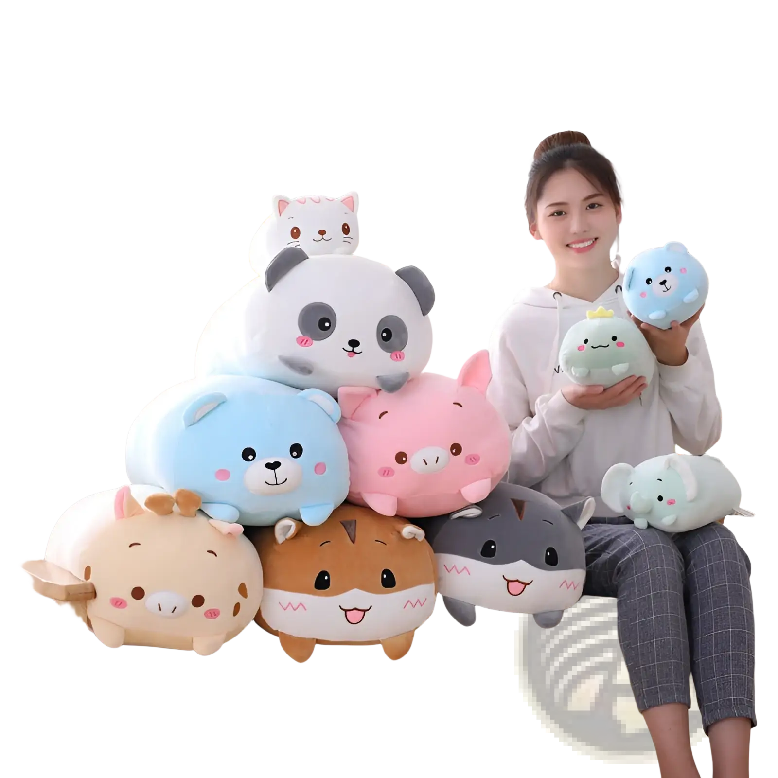 A collection of plush animal pillows in soft pastel colors featuring cute cartoon faces and rosy cheeks for kids