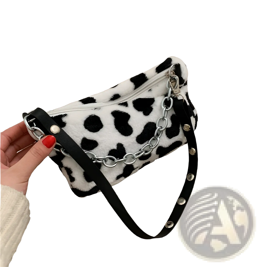 Black and white leopard-print plush animal print baguette bag with silver chain strap made of faux fur