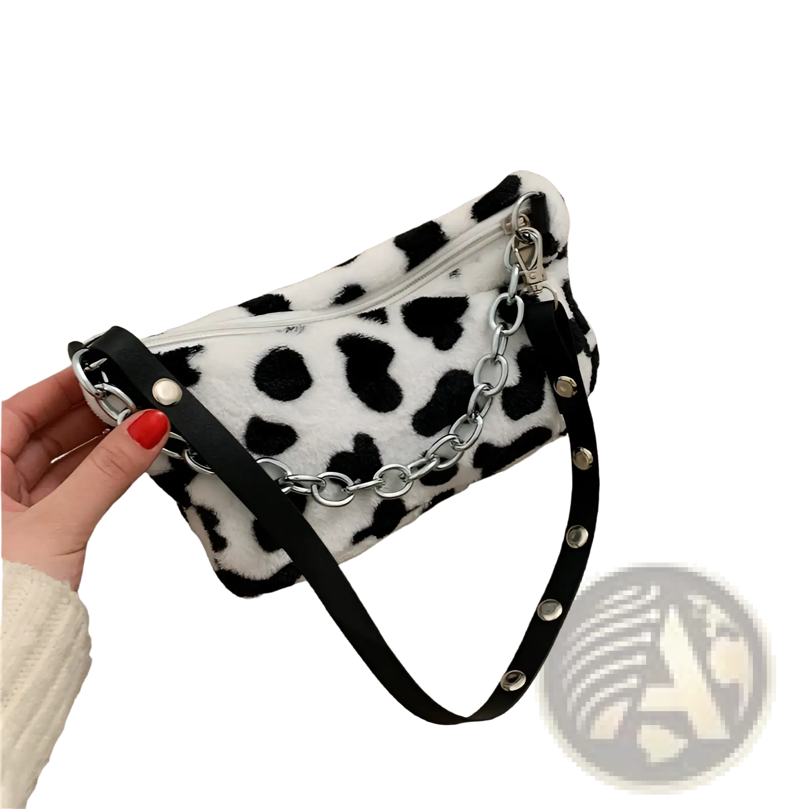 Black and white leopard-print plush animal print baguette bag with silver chain strap made of faux fur