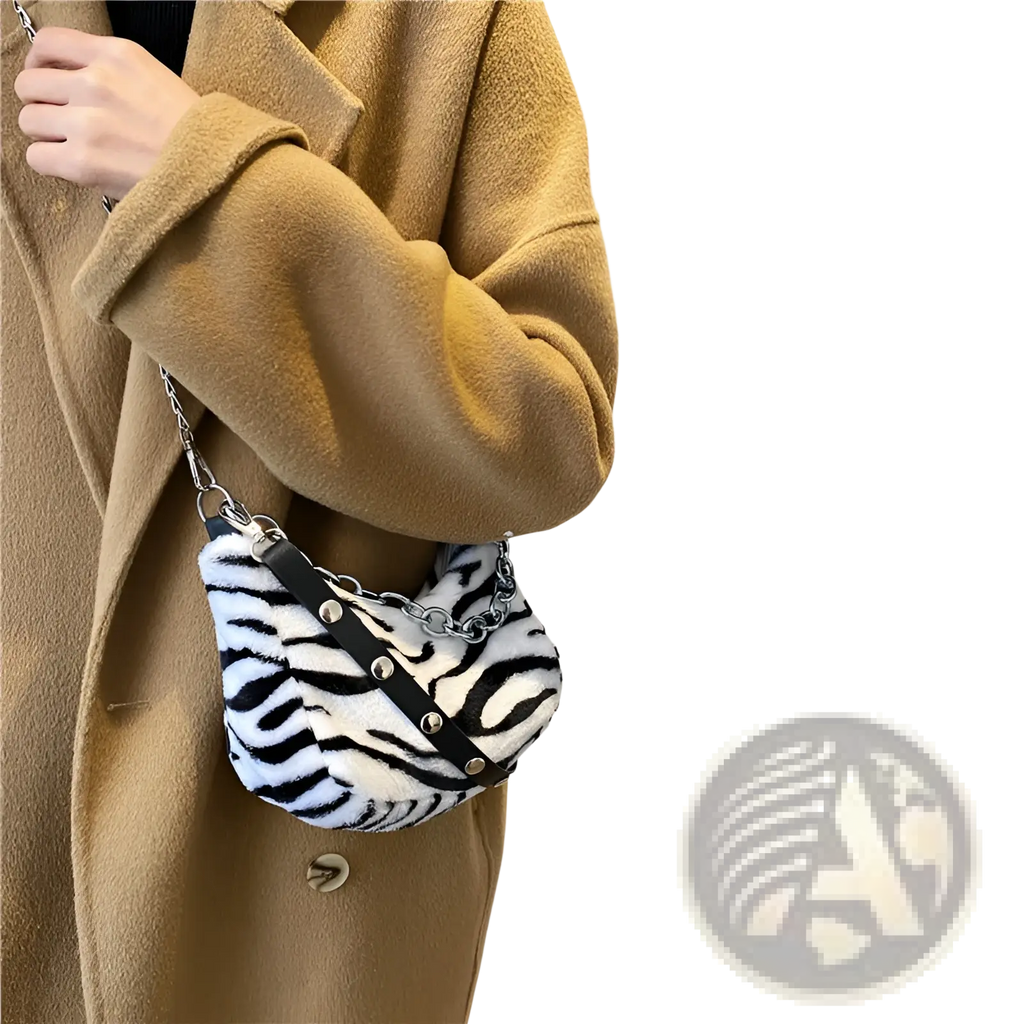 A plush animal print baguette bag featuring zebra stripes with a black leather strap and silver chain accents