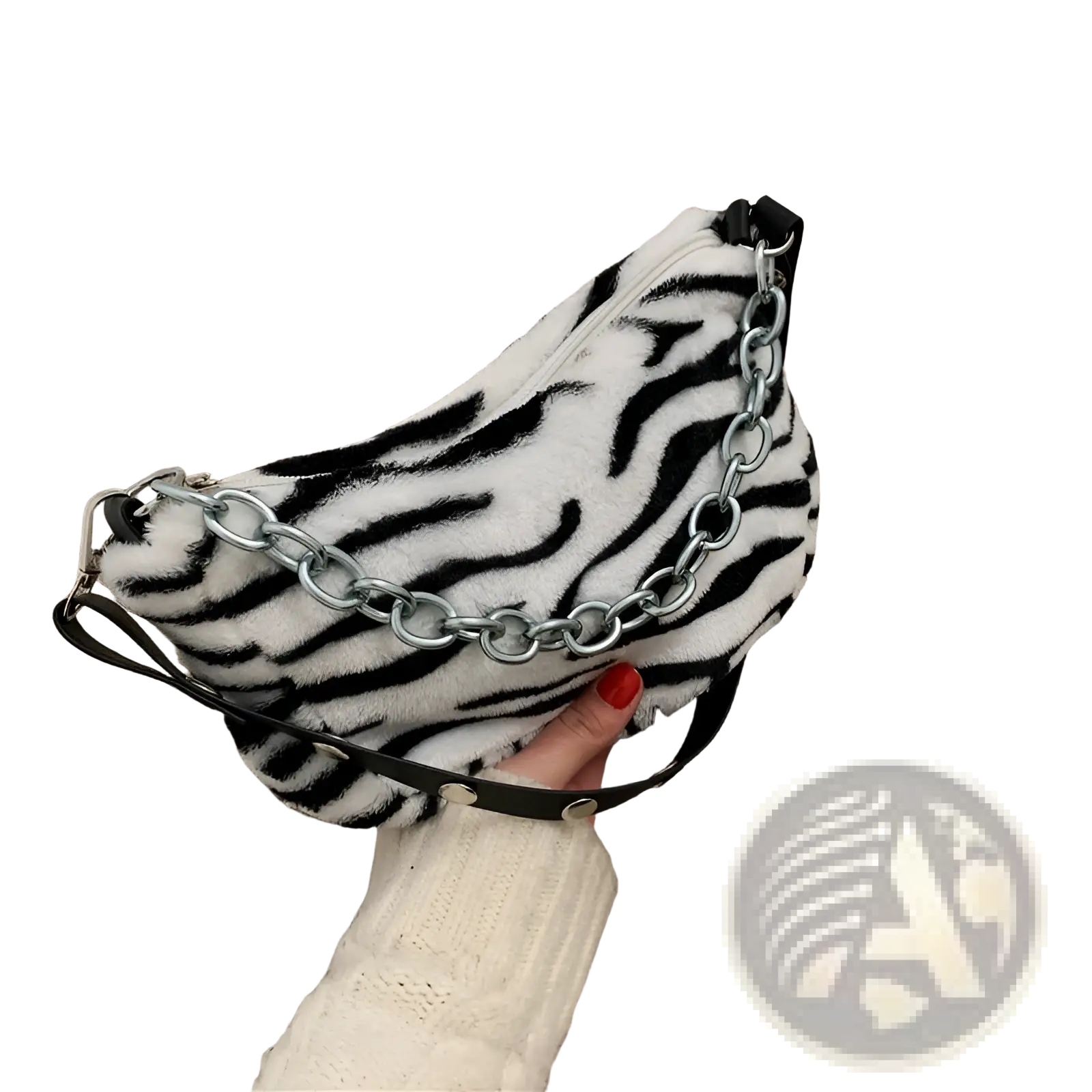 A plush black and white zebra-striped waist bag with a silver chain strap featuring a soft animal print design