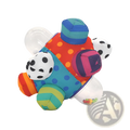 Plush baby rattle ball grasping toy shaped like a colorful patchwork caterpillar with transparent plastic segments and polka-dotted accents