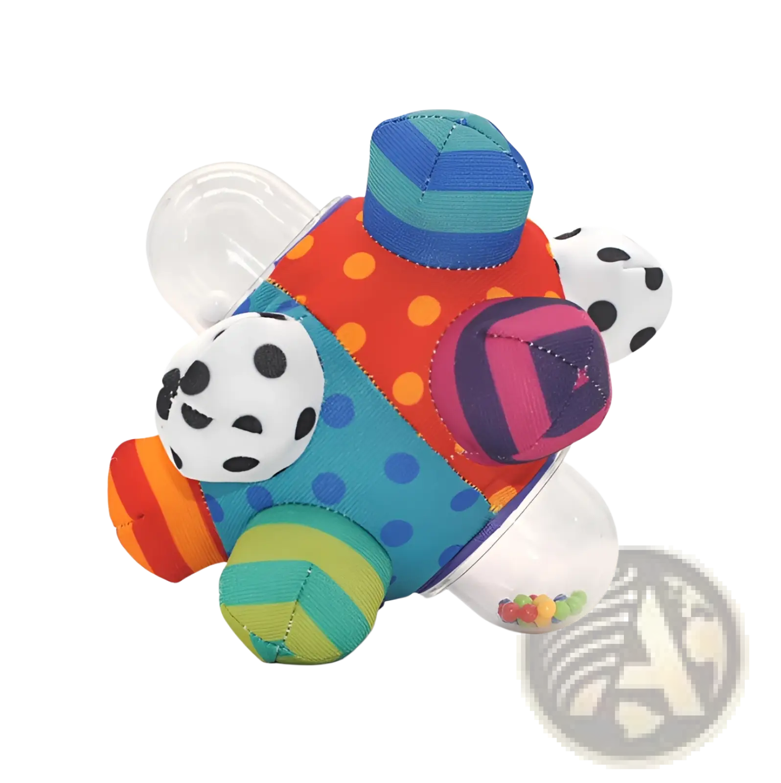 Plush baby rattle ball grasping toy shaped like a colorful patchwork caterpillar with transparent plastic segments and polka-dotted accents