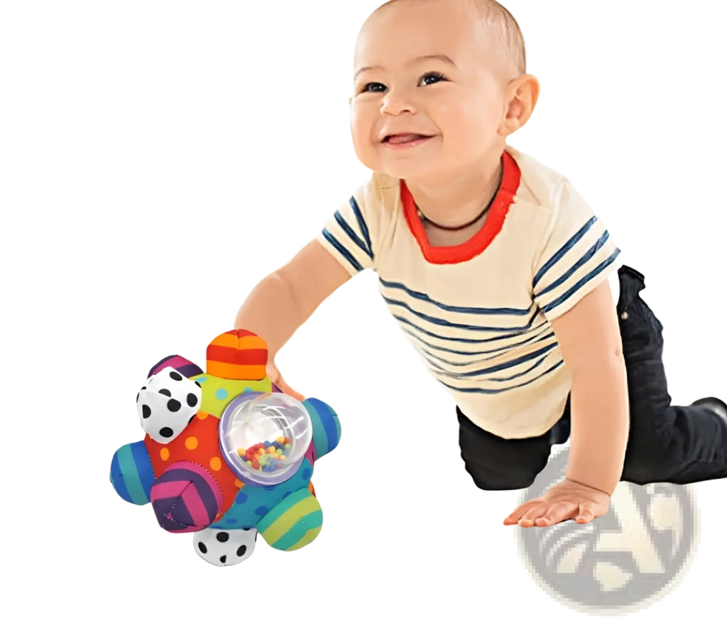 Plush baby rattle ball grasping toy with colorful fabric sections and a clear center filled with multicolored beads