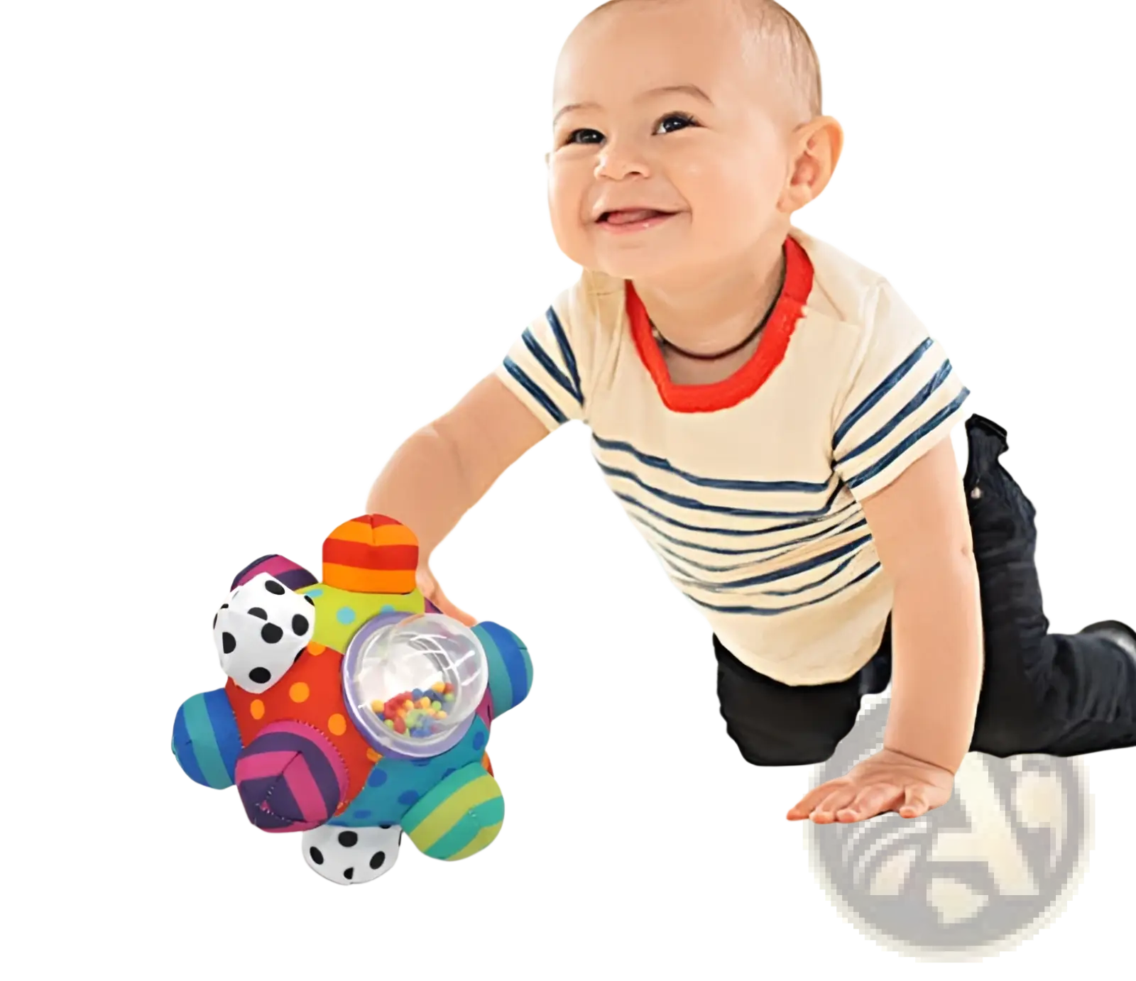 Plush baby rattle ball grasping toy with colorful fabric sections and a clear center filled with multicolored beads
