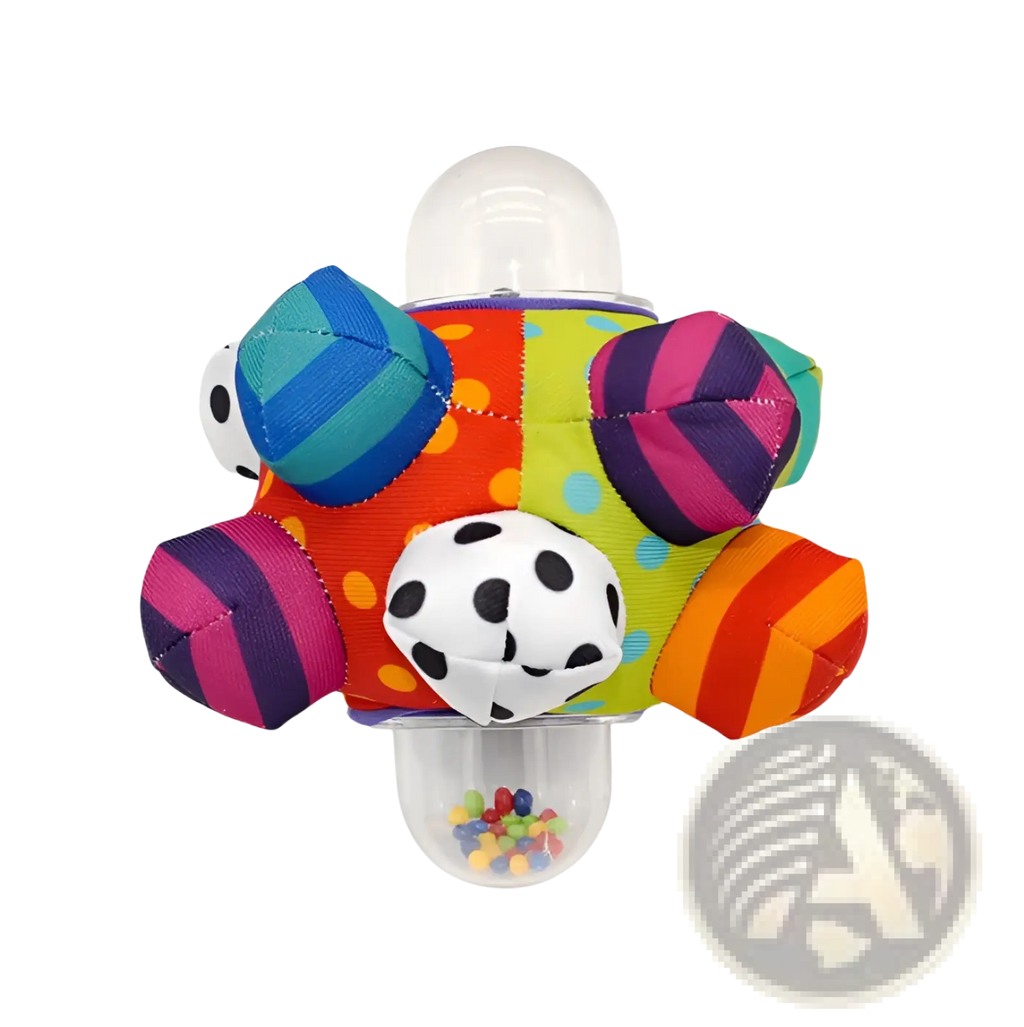 Plush baby rattle ball grasping toy with soft fabric body featuring vibrant red green orange blue purple and white patterns