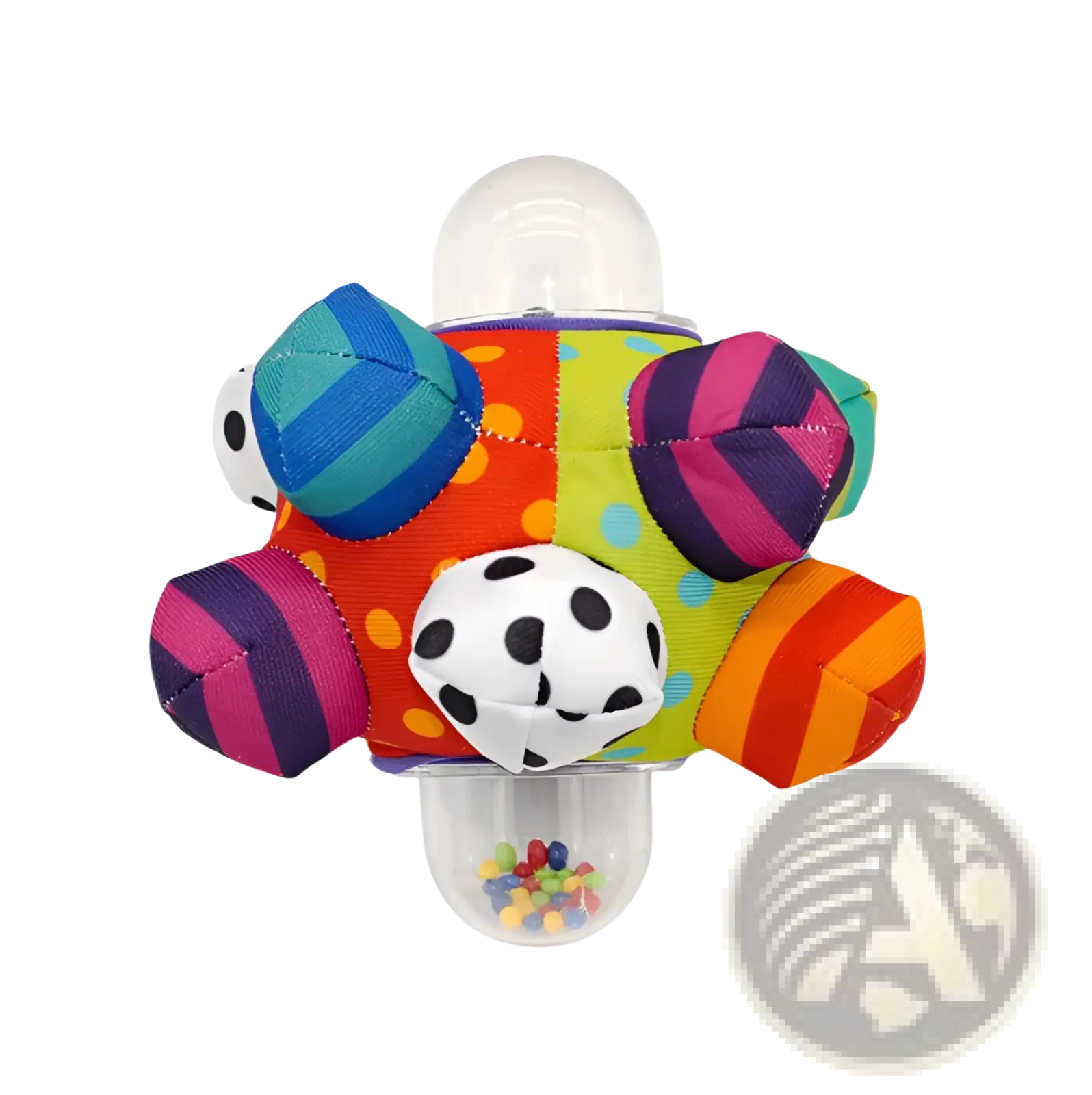 Plush baby rattle ball grasping toy with soft fabric body featuring vibrant red green orange blue purple and white patterns