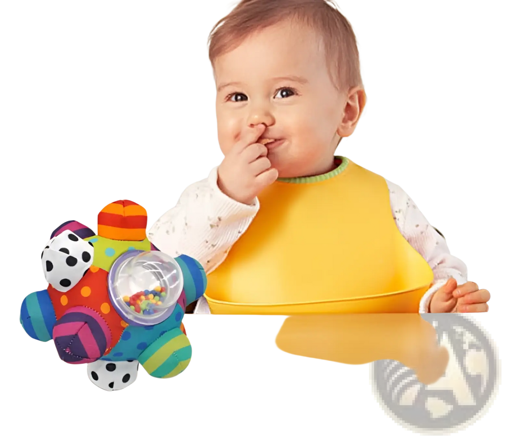 Colorful plush baby rattle ball with clear plastic bead-filled section and various textured areas for sensory play