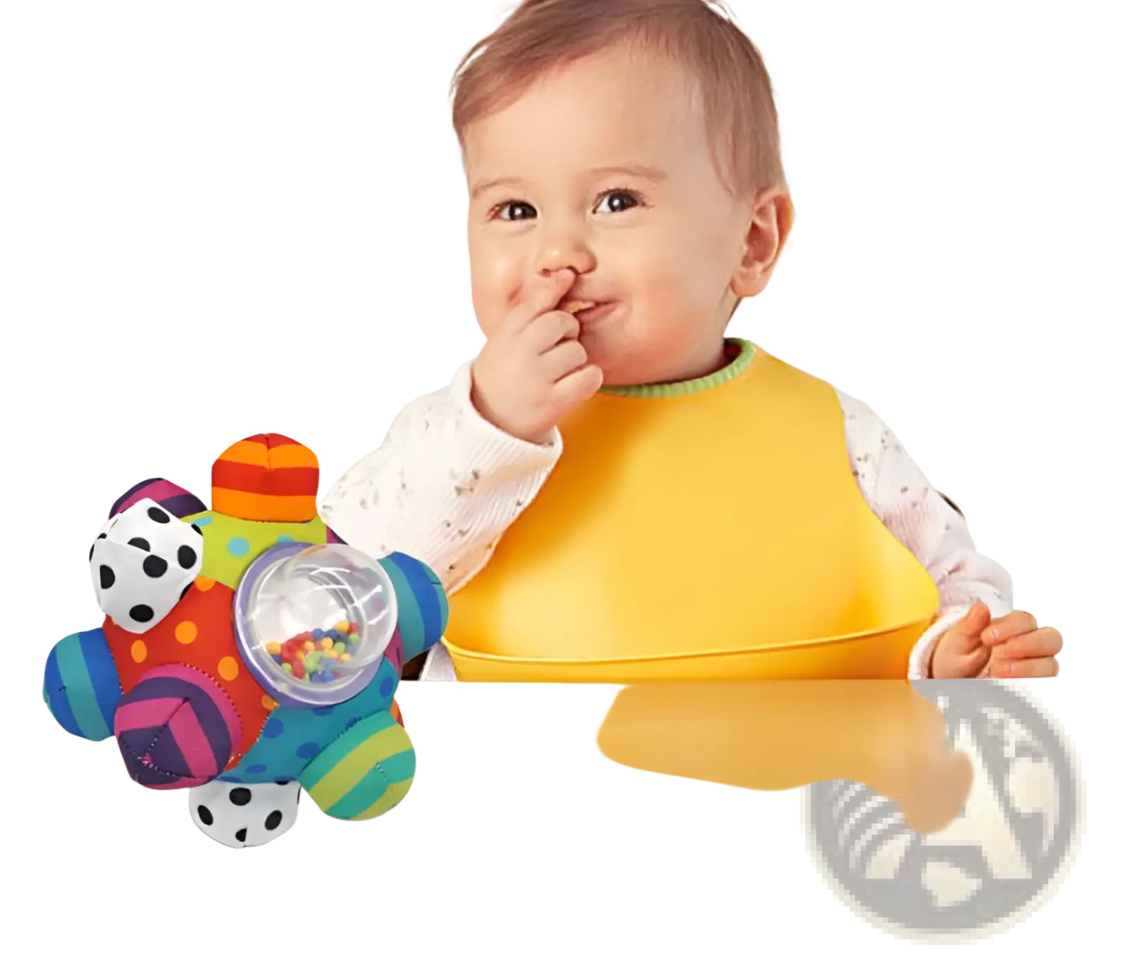 Colorful plush baby rattle ball with clear plastic bead-filled section and various textured areas for sensory play