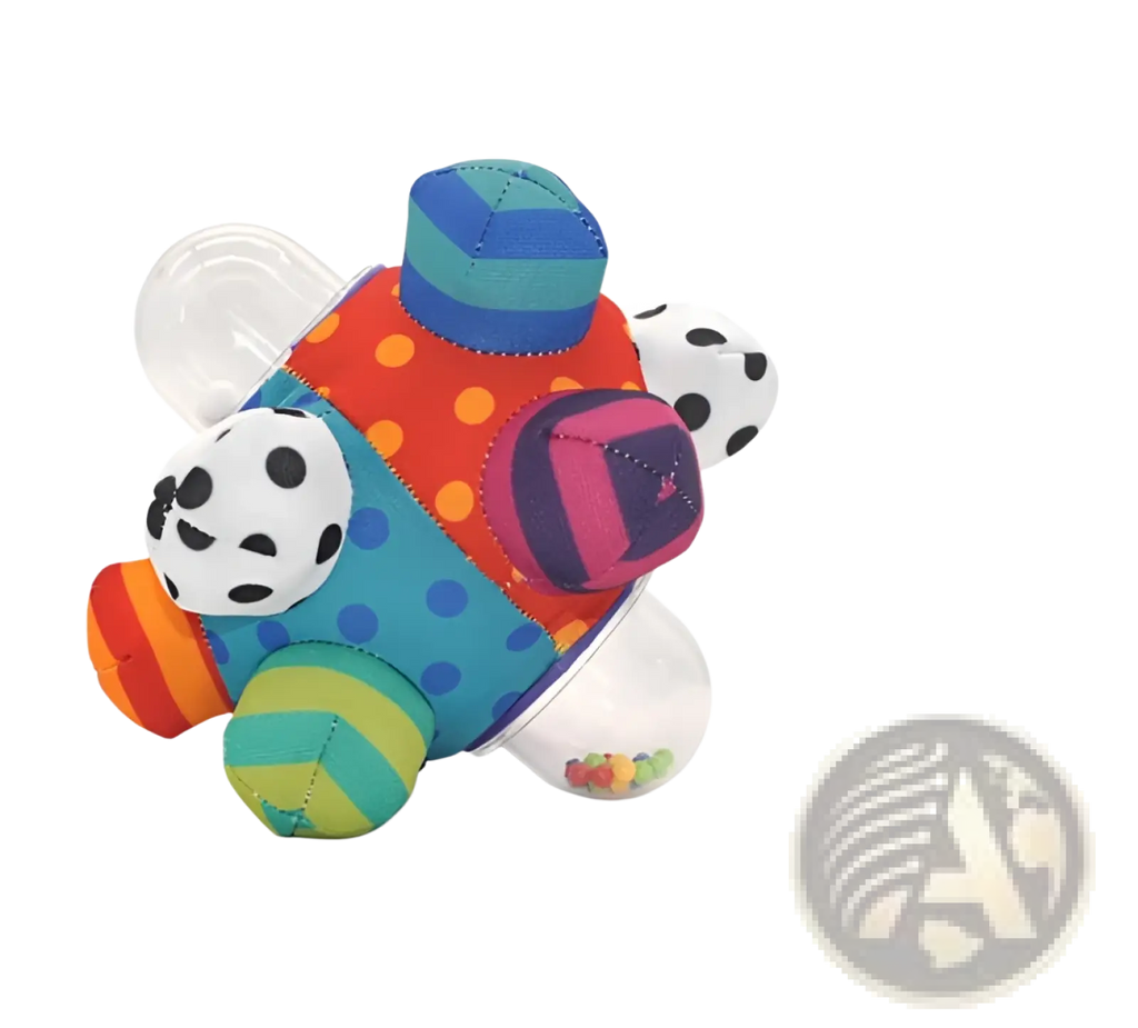 Plush baby rattle ball grasping toy with colorful polka dots and stripes for sensory play made of soft fabric