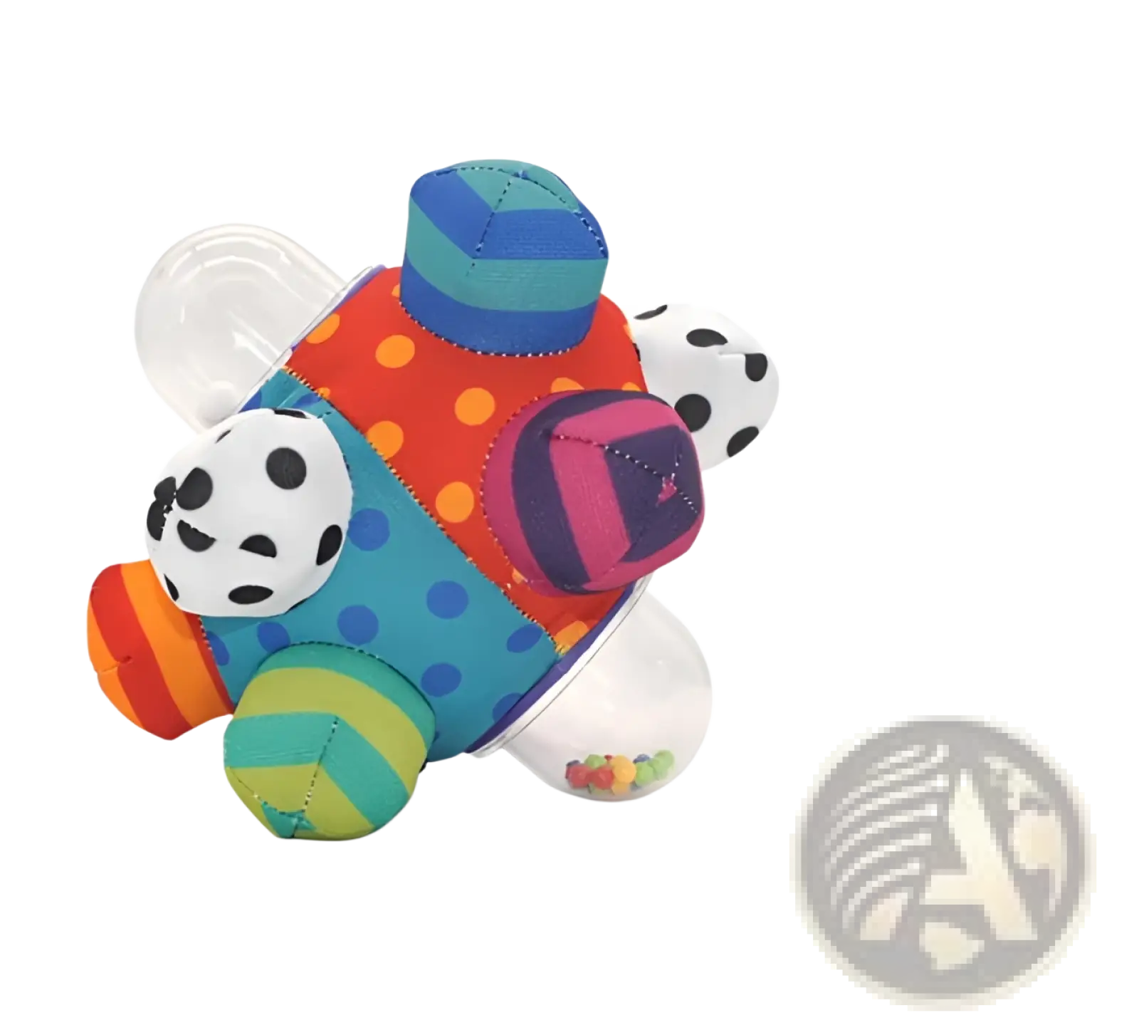 Plush baby rattle ball grasping toy with colorful polka dots and stripes for sensory play made of soft fabric