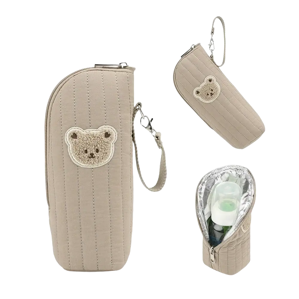 Beige quilted plush bear baby bottle warmer bag with teddy bear appliqué and wrist strap for easy carrying