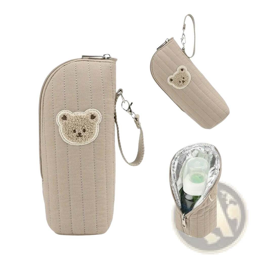 Beige quilted plush bear baby bottle warmer bag with teddy bear appliqué and wrist strap for easy carrying