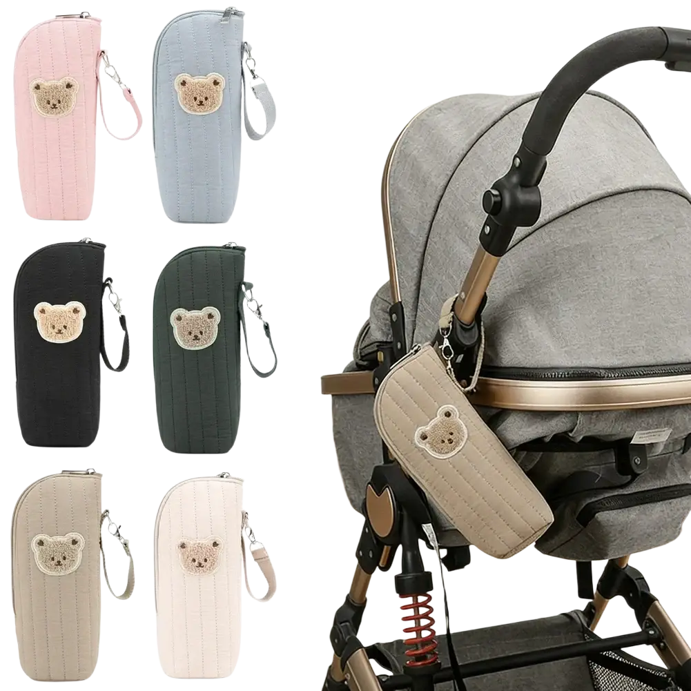 Beige quilted plush bear baby bottle warmer bag with wrist strap designed as a stroller accessory pouch