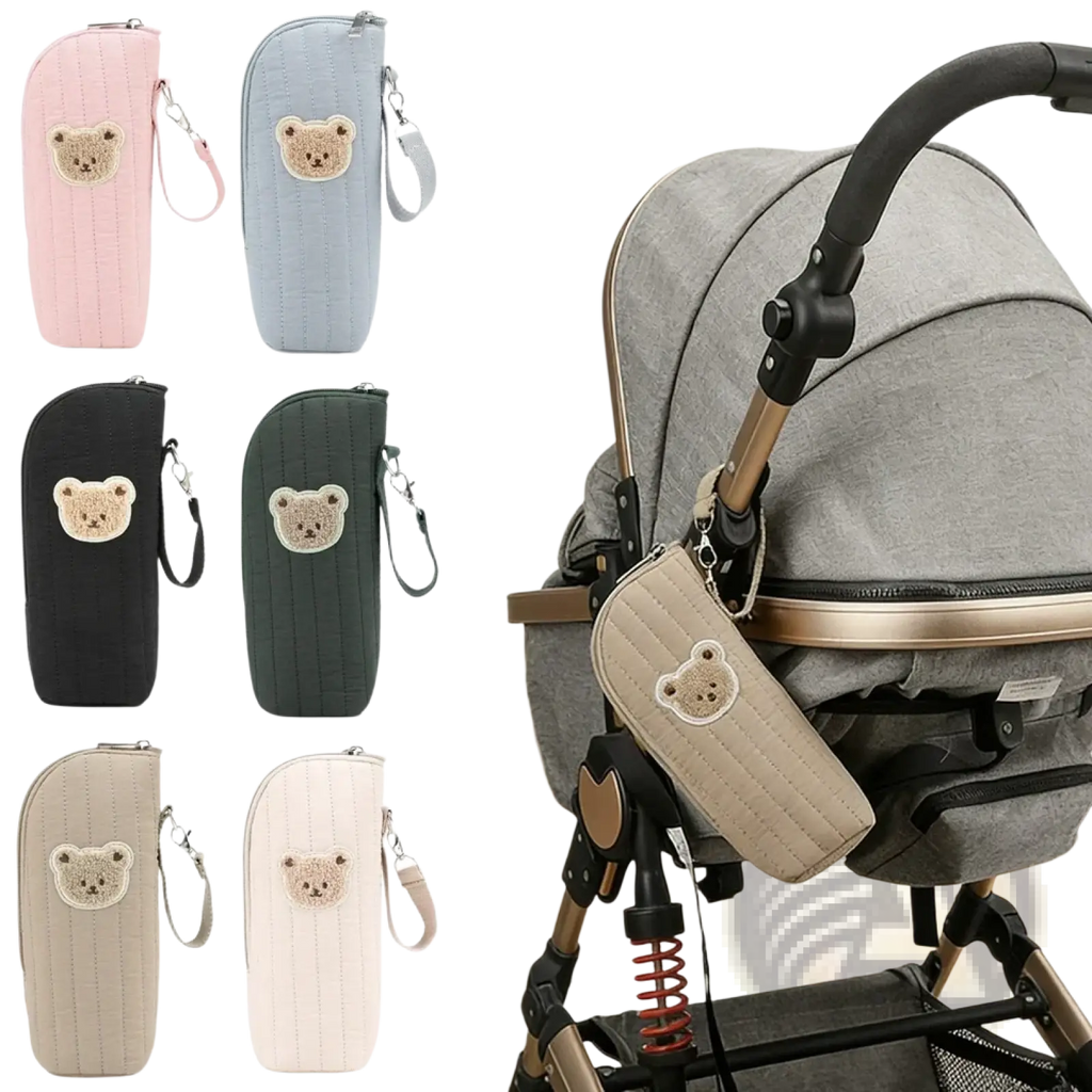 Beige quilted plush bear baby bottle warmer bag with wrist strap designed as a stroller accessory pouch