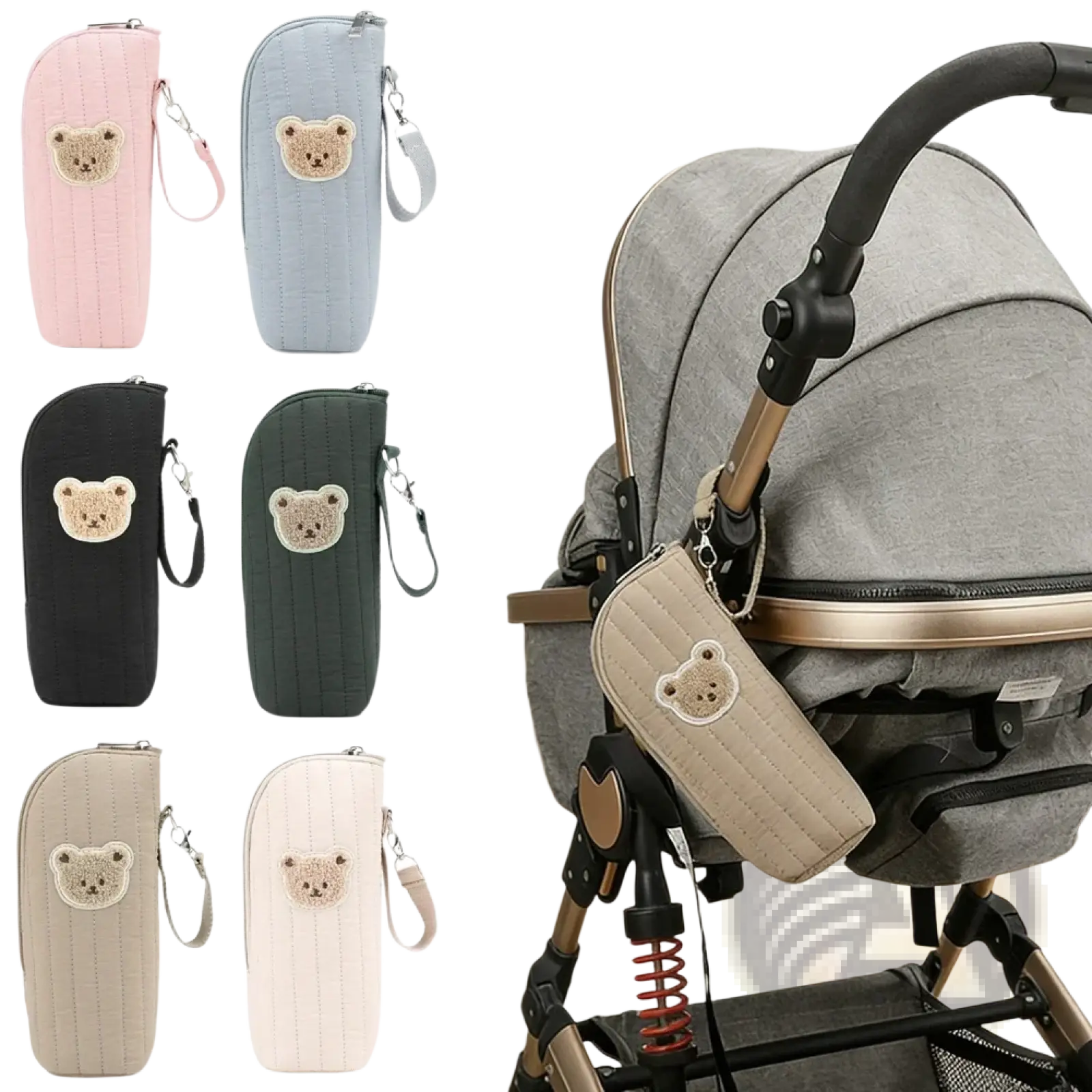 Beige quilted plush bear baby bottle warmer bag with wrist strap designed as a stroller accessory pouch