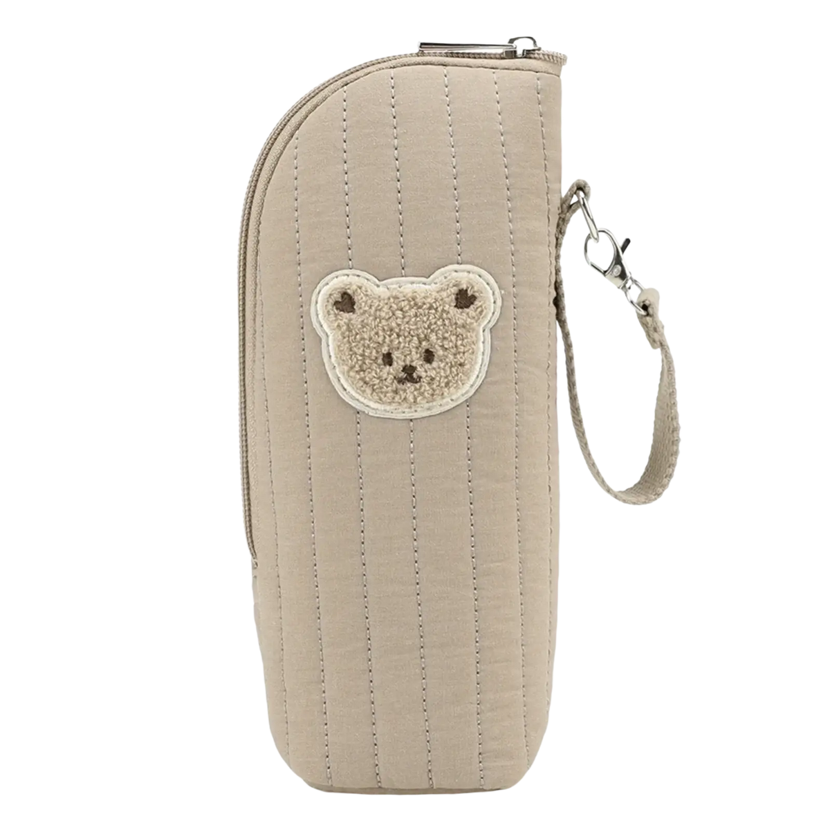 Beige quilted plush bear baby bottle warmer bag with teddy bear patch and silver-toned zipper closure