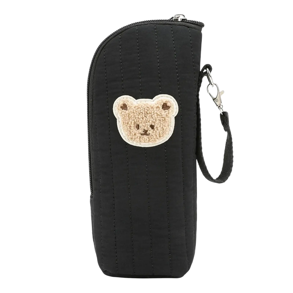 Black quilted plush bear baby bottle warmer bag with beige plush bear face patch and black wrist strap