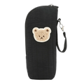 Black quilted plush bear baby bottle warmer bag with beige plush bear face patch and black wrist strap