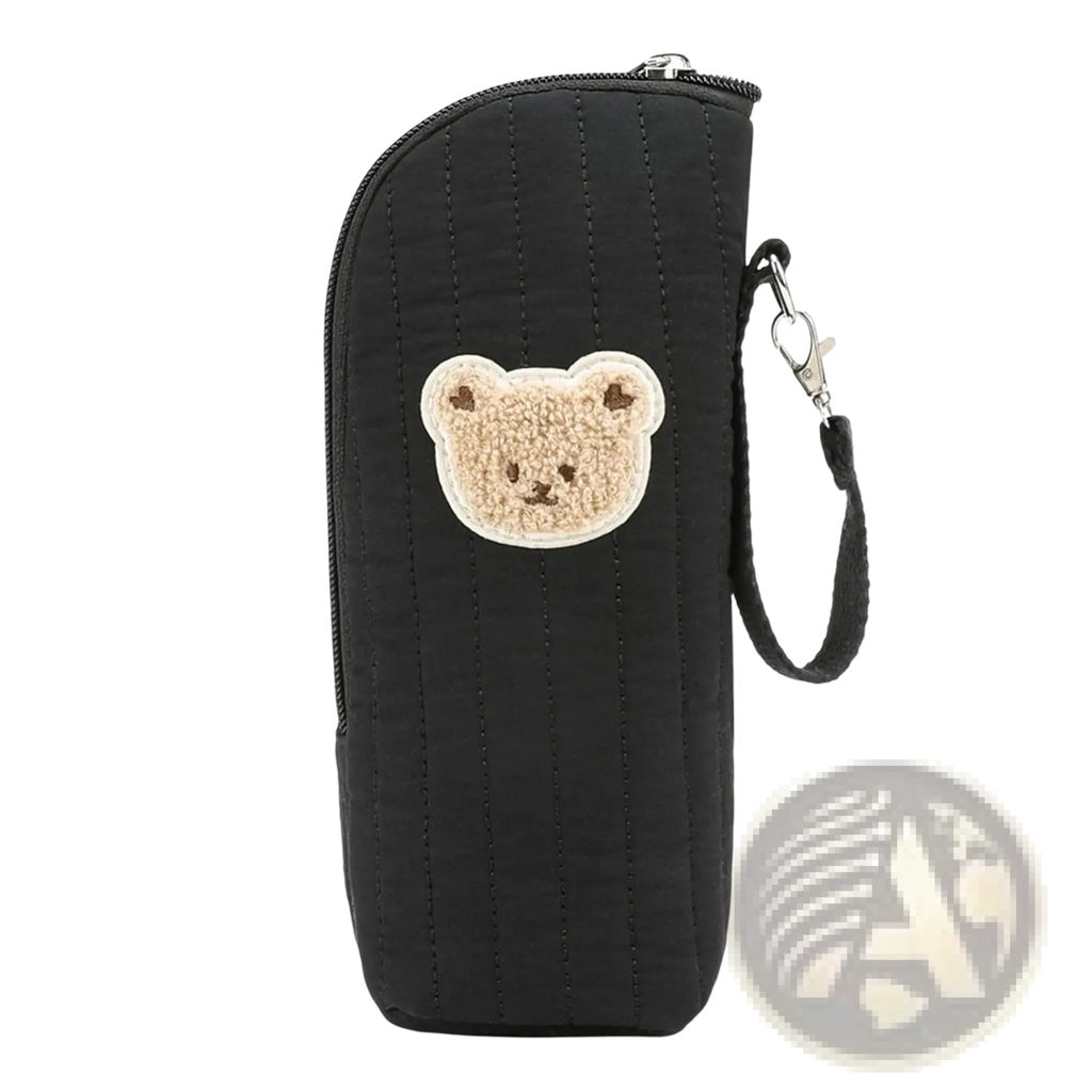 Black quilted plush bear baby bottle warmer bag with beige plush bear face patch and black wrist strap