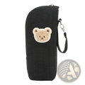 Black quilted plush bear baby bottle warmer bag with beige plush bear face patch and black wrist strap