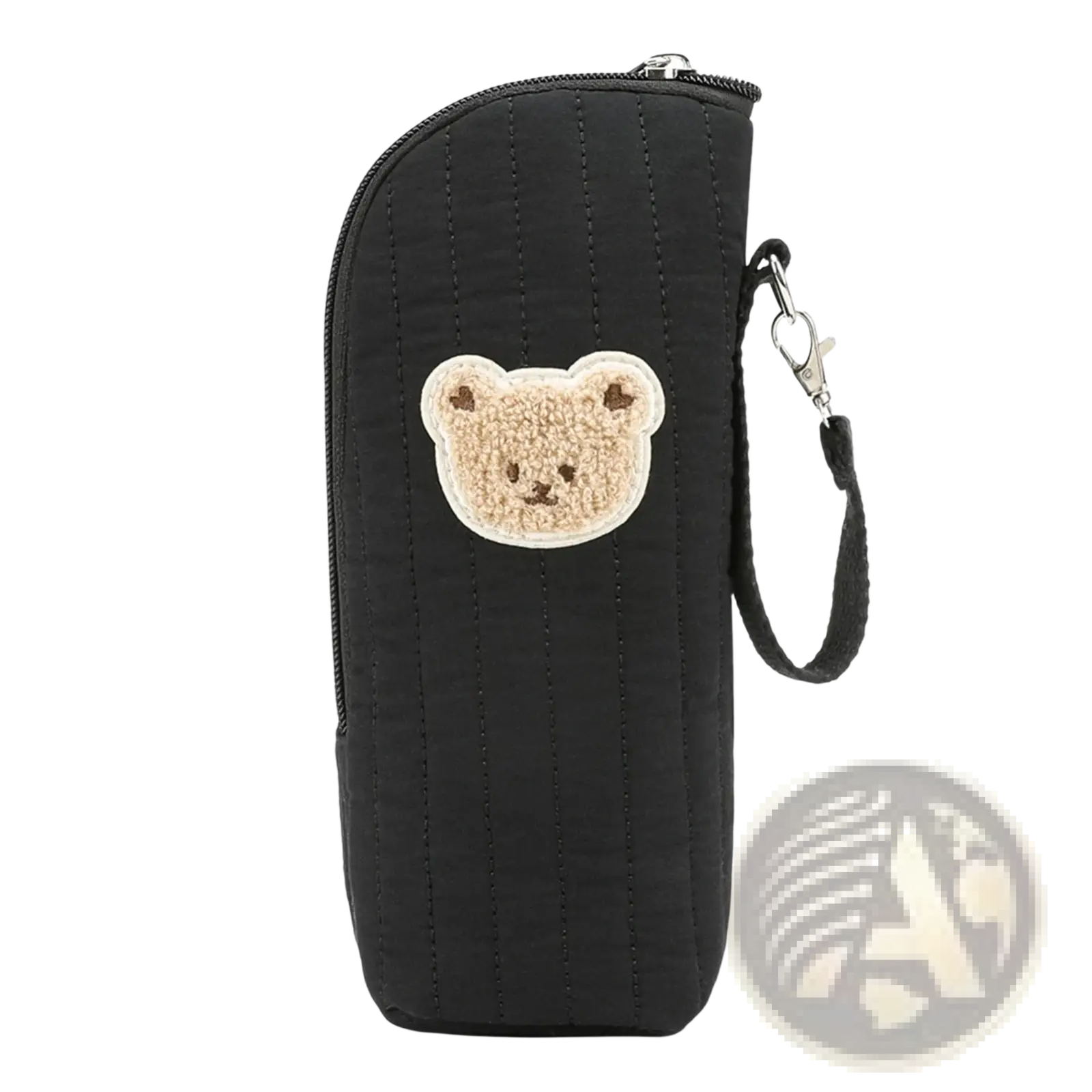 Black quilted plush bear baby bottle warmer bag with beige plush bear face patch and black wrist strap
