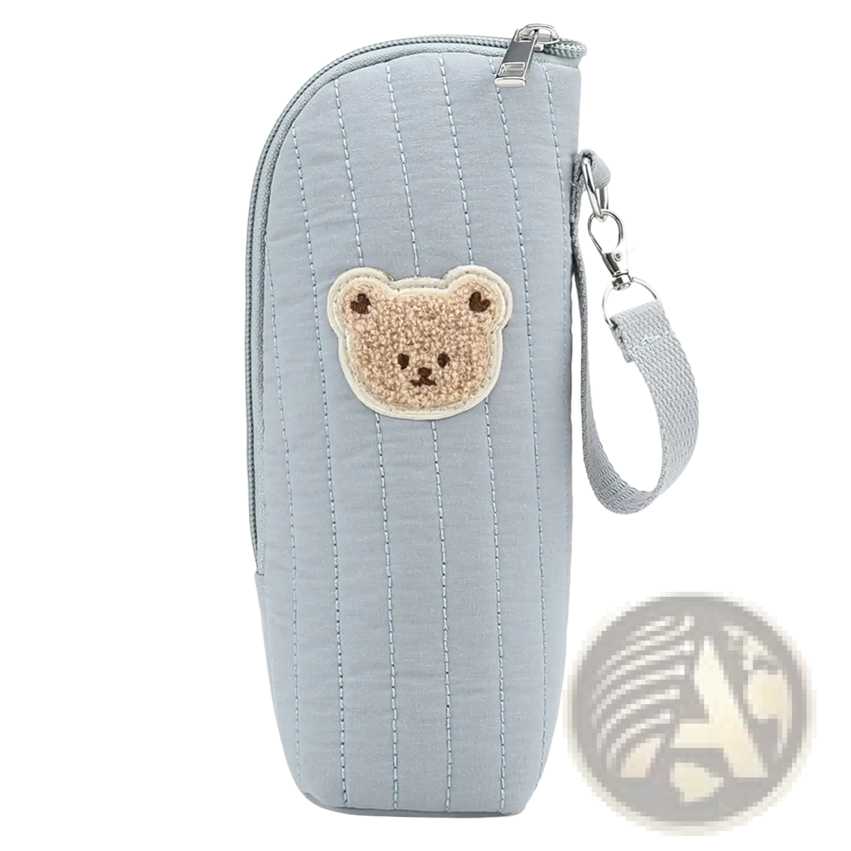 Light blue quilted plush bear baby bottle warmer bag with beige fuzzy bear patch and silver zipper closure