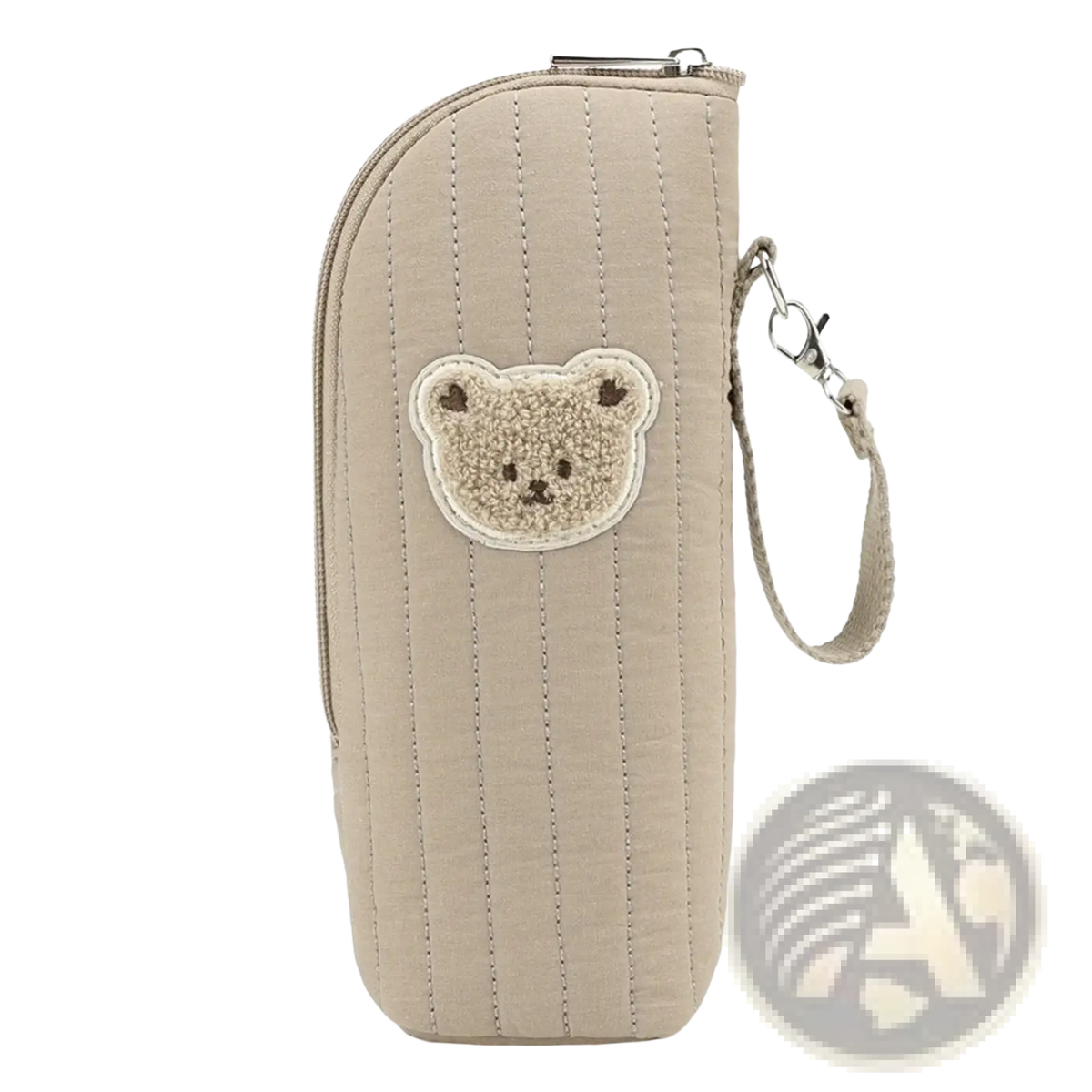 Beige quilted plush bear baby bottle warmer bag with teddy bear patch and silver-toned zipper closure