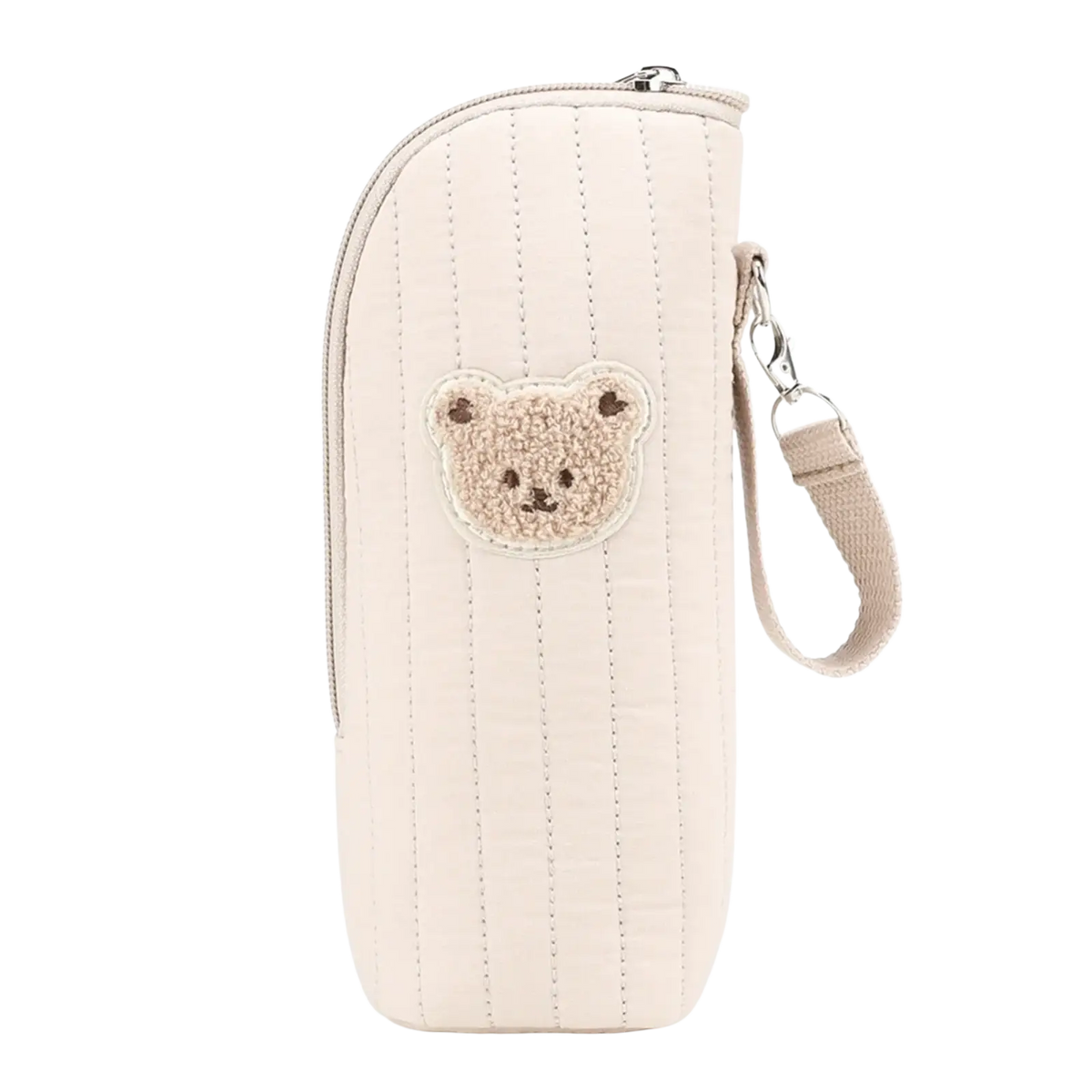 Cream-colored quilted baby bottle warmer bag with plush teddy bear patch and matching fabric strap