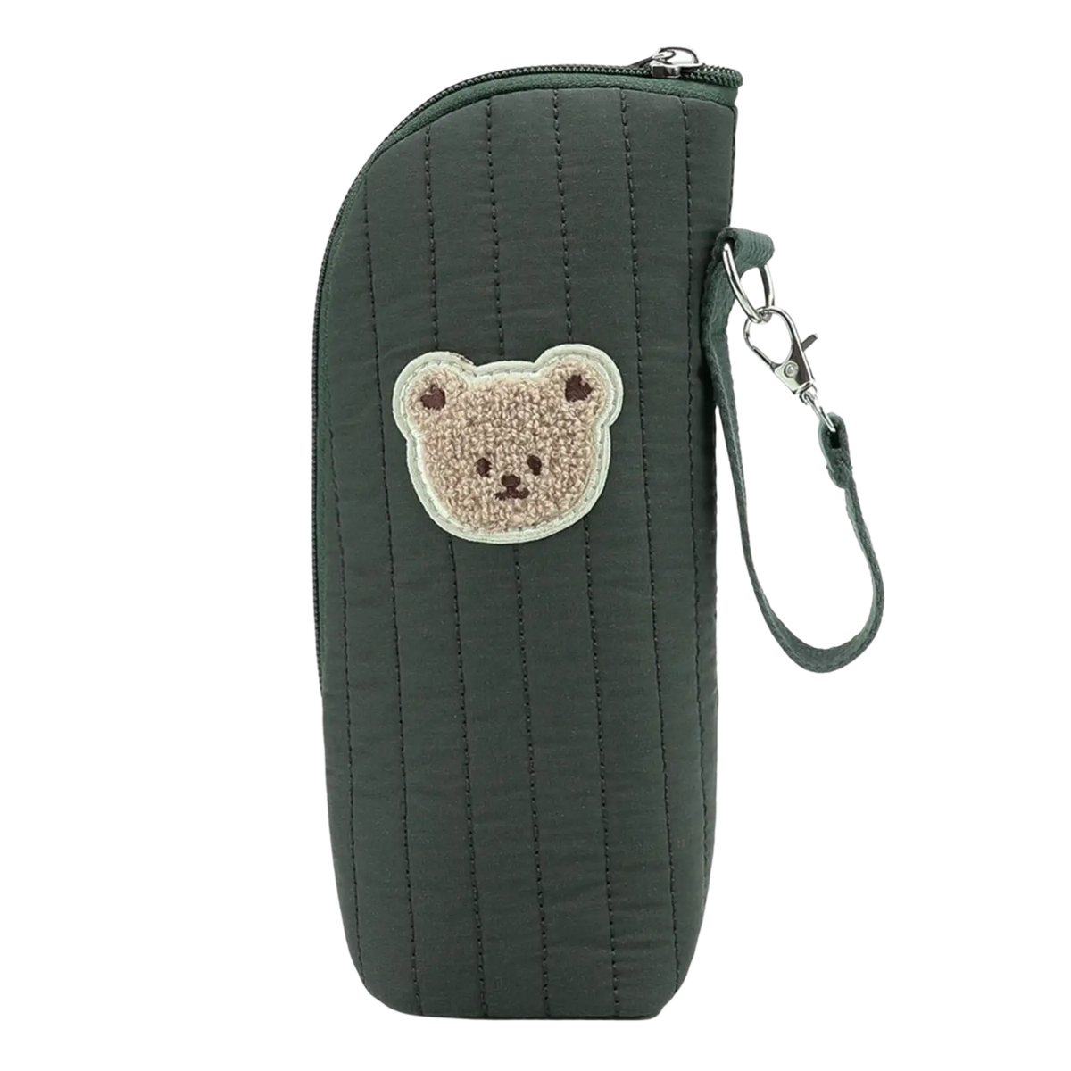 Dark green quilted plush bear baby bottle warmer bag with beige embroidered bear face patch and matching wrist strap