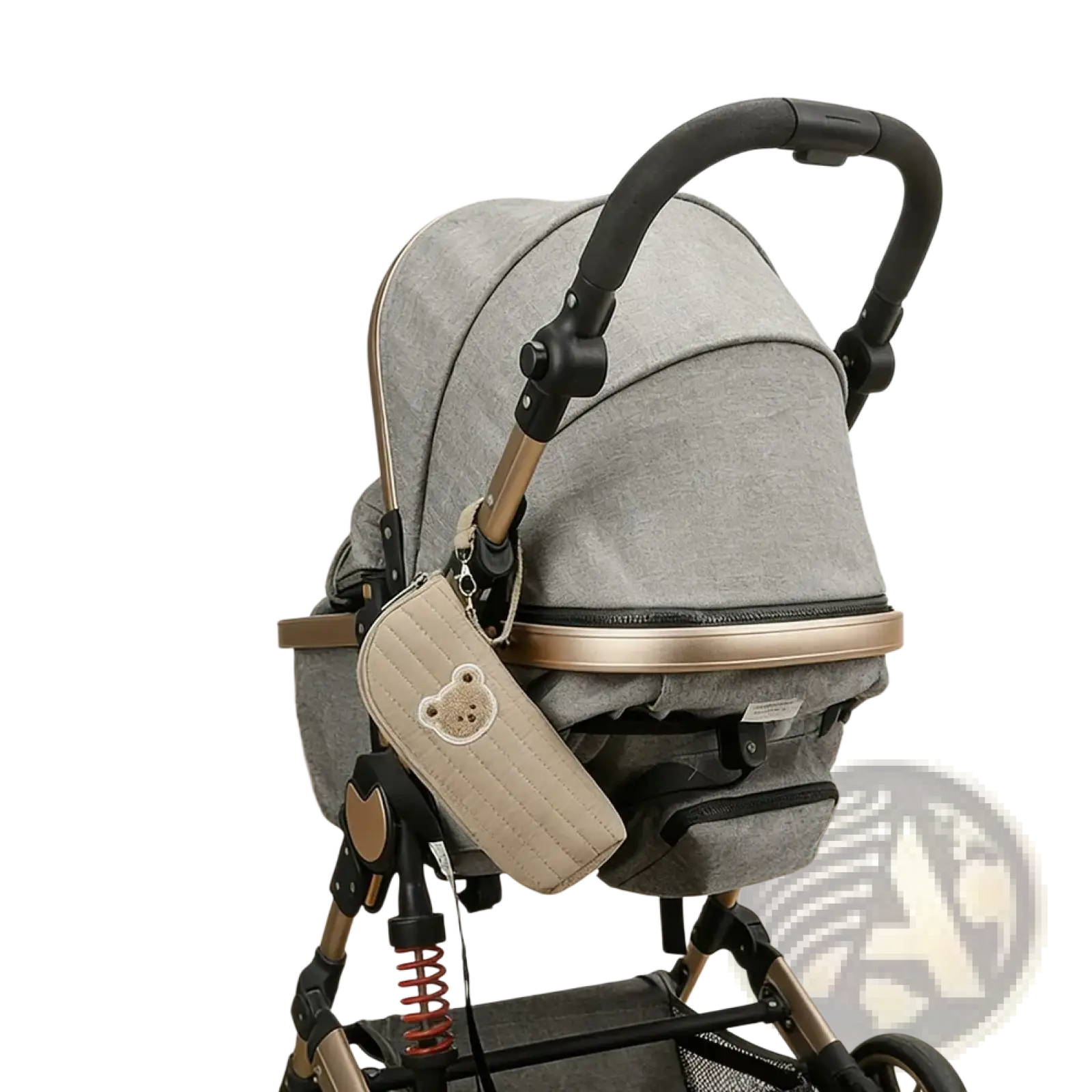 Gray fabric stroller with black and gold accents featuring quilted beige pouch for plush bear baby bottle warmer bag
