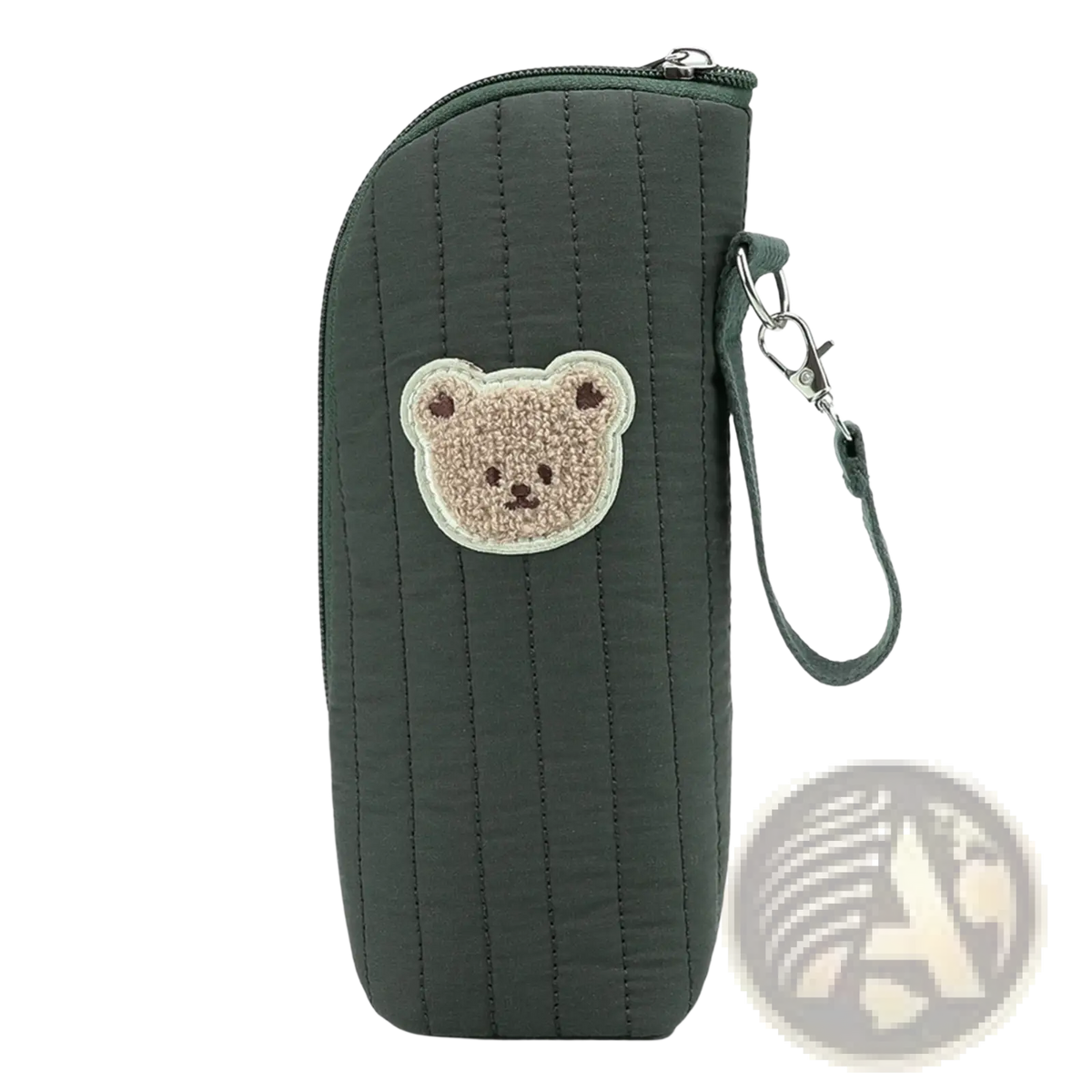 Dark green quilted plush bear baby bottle warmer bag with beige embroidered bear face patch and matching wrist strap