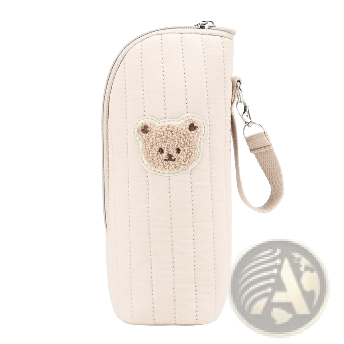 Cream-colored quilted baby bottle warmer bag with plush teddy bear patch and matching fabric strap