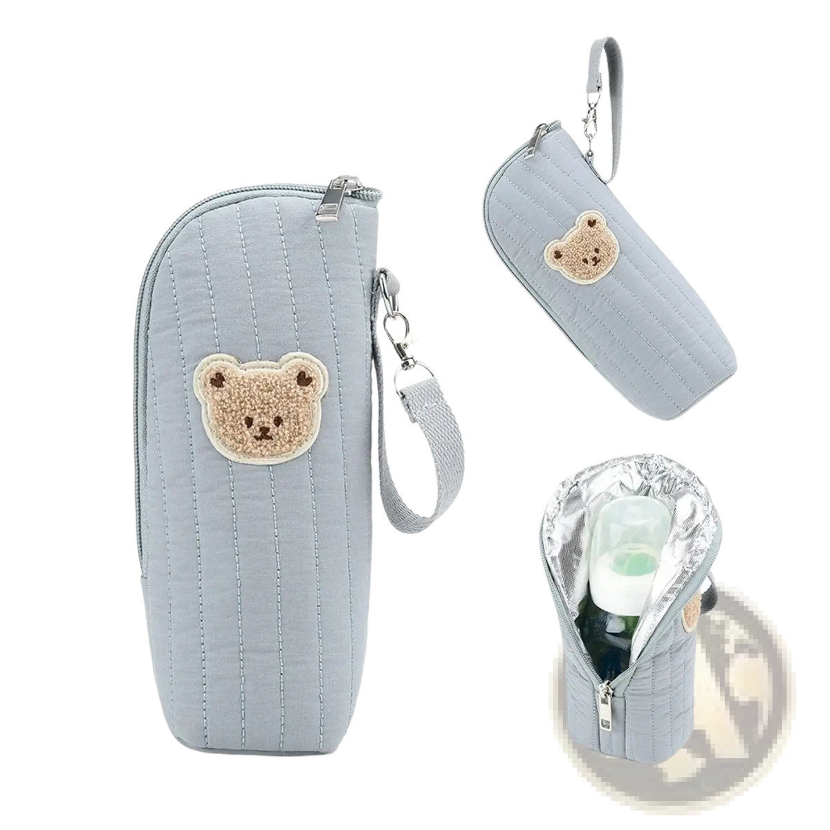 Light blue quilted plush bear baby bottle warmer bag with beige embroidered bear face patch and matching wrist strap