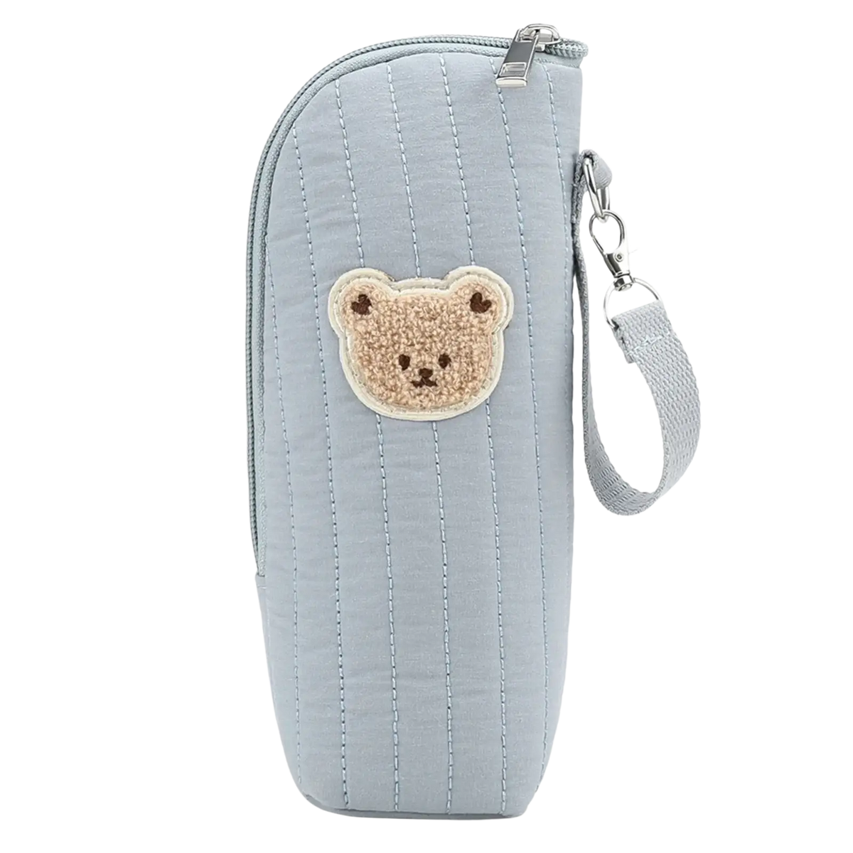 Light blue quilted plush bear baby bottle warmer bag with beige fuzzy bear patch and silver zipper closure