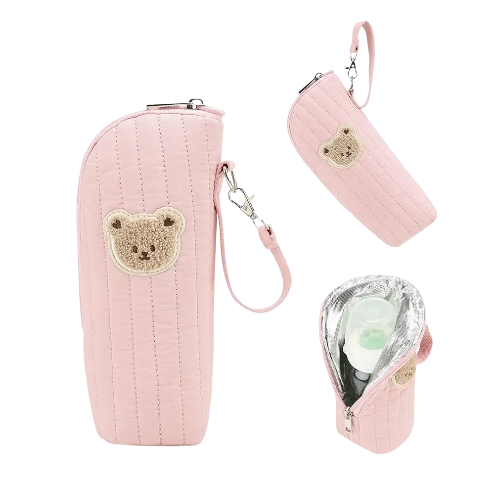 Pink quilted plush bear baby bottle warmer bag with beige embroidered bear face and matching wrist strap