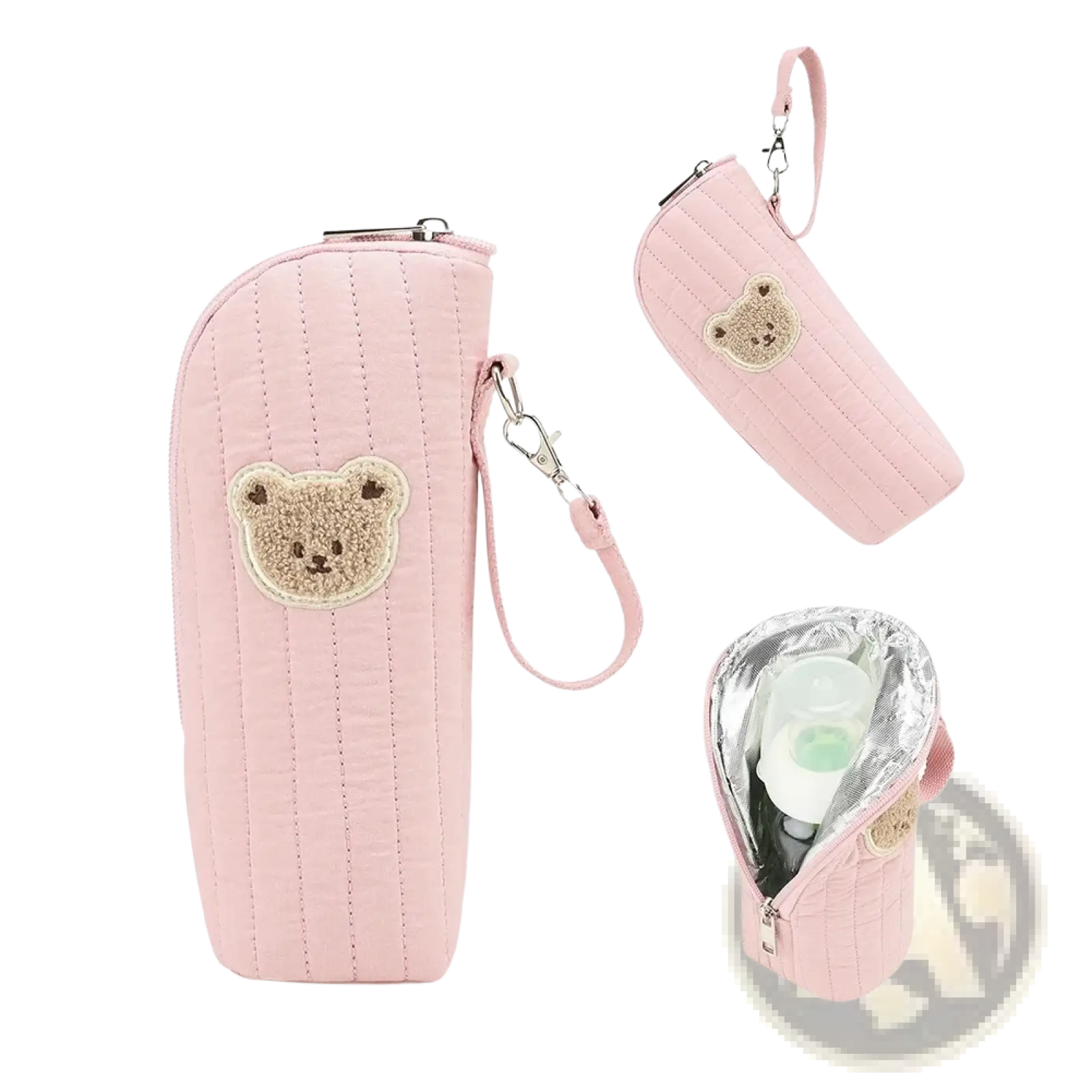 Pink quilted plush bear baby bottle warmer bag with beige embroidered bear face and matching wrist strap