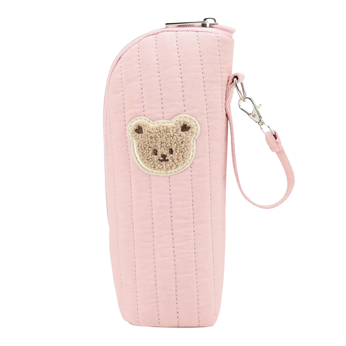 Pink quilted plush bear baby bottle warmer bag with beige embroidered bear face patch and matching wrist strap