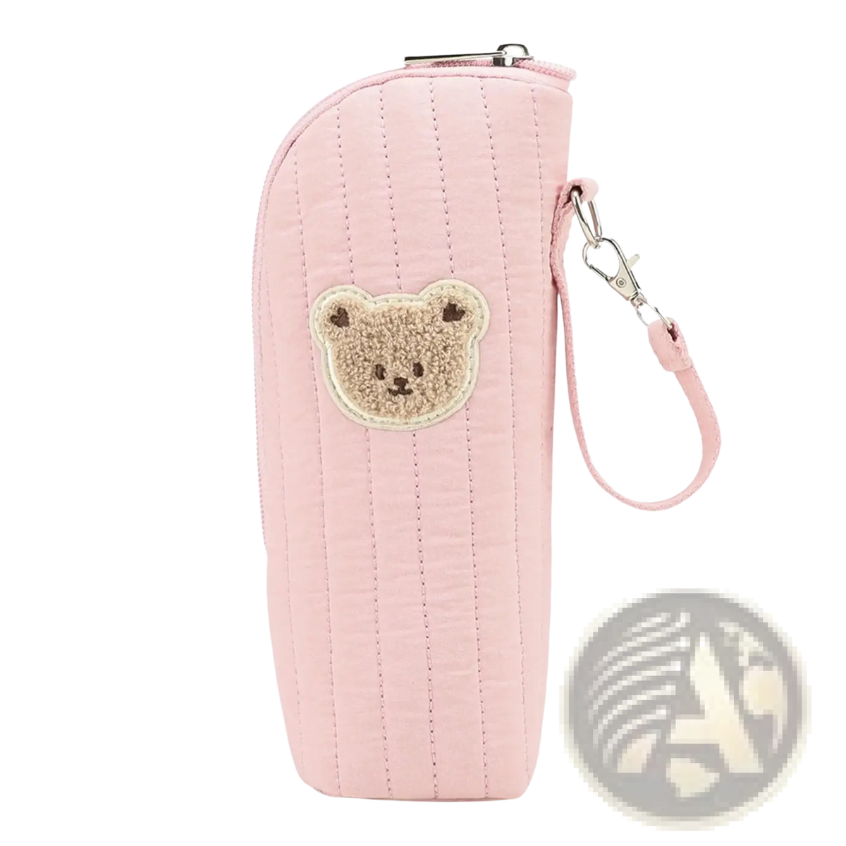 Pink quilted plush bear baby bottle warmer bag with beige embroidered bear face patch and matching wrist strap