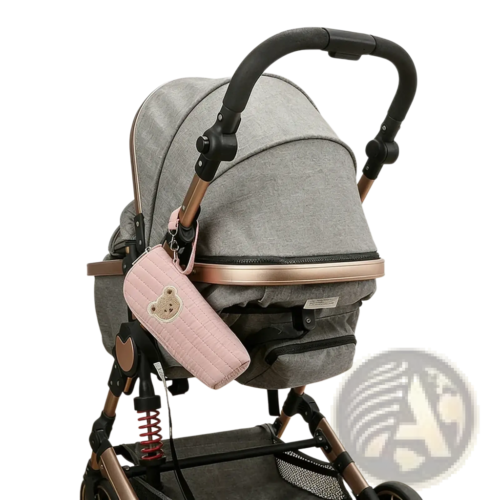 Pink quilted plush bear baby bottle warmer bag designed as a stroller accessory pouch for convenient use