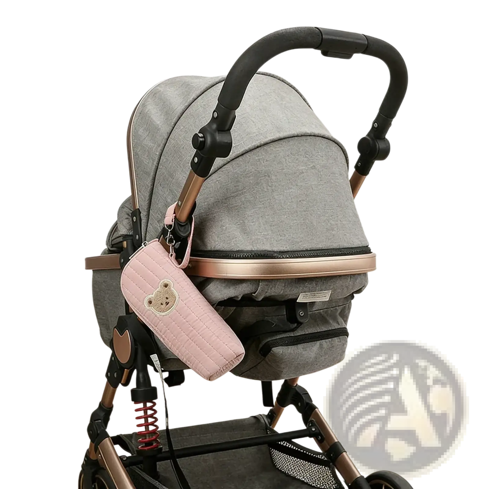 Pink quilted plush bear baby bottle warmer bag designed as a stroller accessory pouch for convenient use