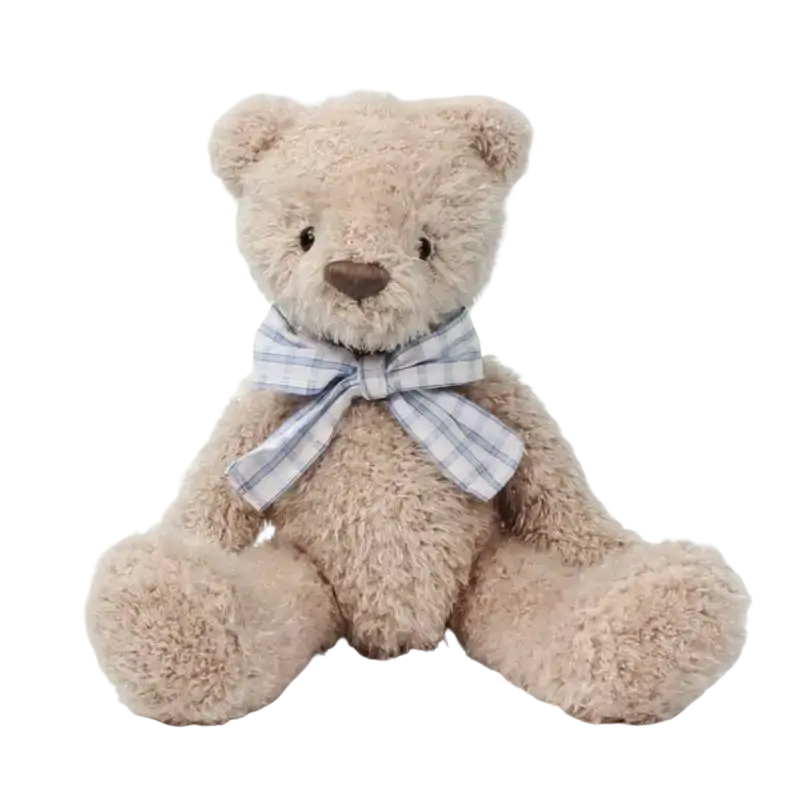Fluffy beige plush bear stuffed animal with blue and white plaid bow tie ideal as a sleeping toy