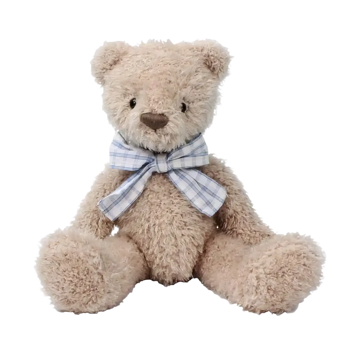 Fluffy beige plush bear stuffed animal with blue and white plaid bow tie sleeping toy for children