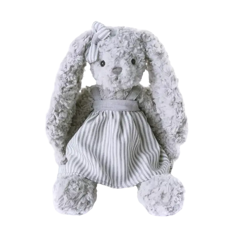 Fluffy gray plush bear stuffed animal wearing a striped dress and bow suitable as a sleeping toy
