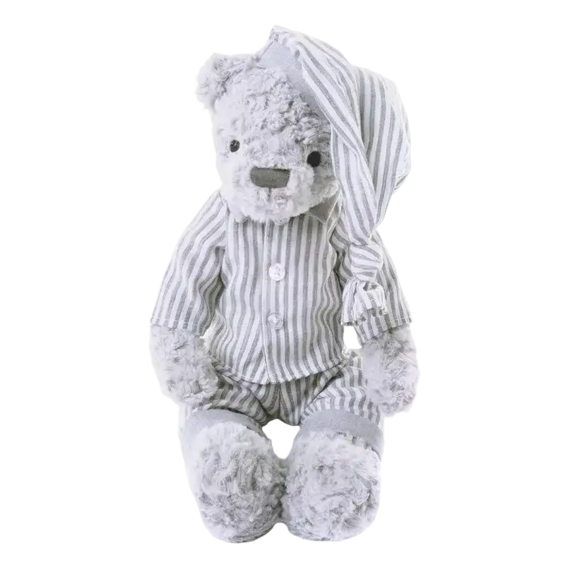 A plush gray bear stuffed animal wearing striped pajamas and a matching hood as a sleeping toy