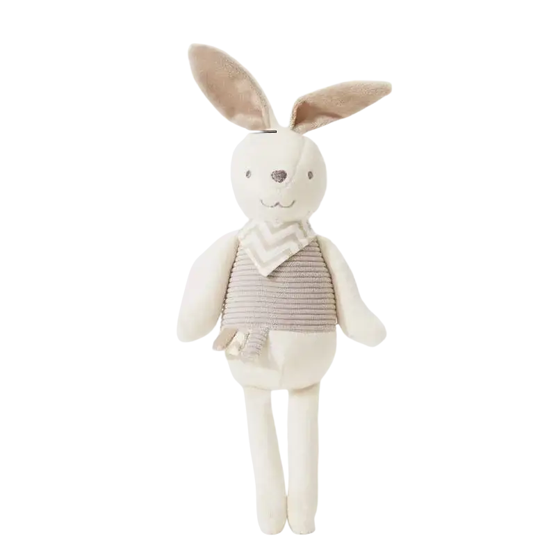 A soft cream-colored plush bear stuffed animal wearing a striped gray vest perfect as a sleeping toy