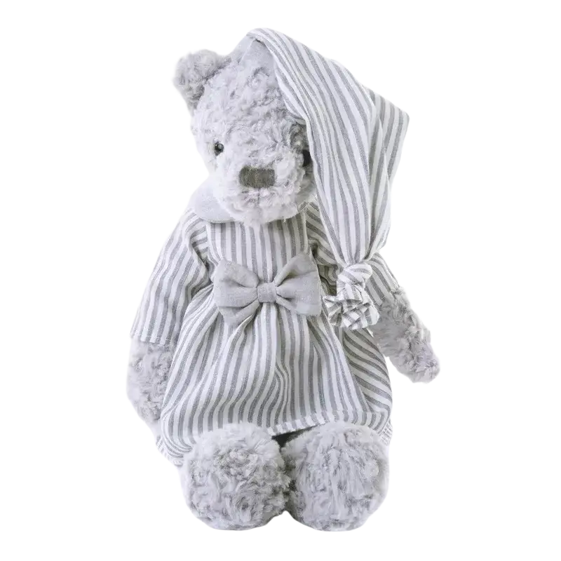 A soft gray plush bear stuffed animal wearing striped pajamas with hood and bow, perfect as a sleeping toy
